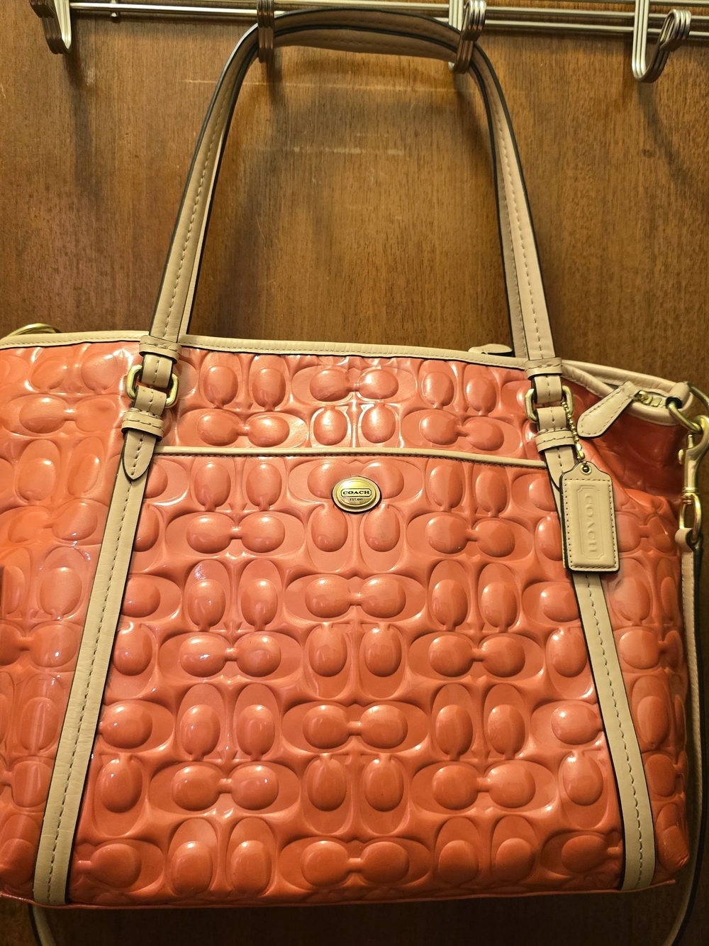 Coach Patent Leather Tote Bag in Coral with Tan Trim